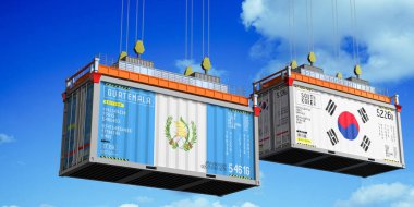 Guatemala ve Güney Kore bayraklı konteynırlar - 3 boyutlu illüstrasyon