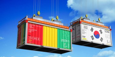 İçinde Gine ve Güney Kore bayrakları olan konteynırlar - 3 boyutlu illüstrasyon