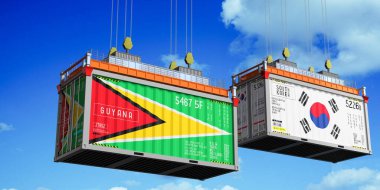 İçinde Guyana ve Güney Kore bayrakları olan konteynırlar - 3 boyutlu illüstrasyon