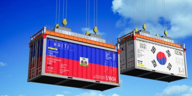 İçinde Haiti ve Güney Kore bayrakları olan konteynırlar - 3 boyutlu illüstrasyon
