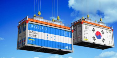 Honduras ve Güney Kore bayraklı konteynırlar - 3 boyutlu illüstrasyon