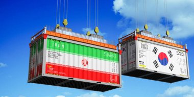 İçinde İran ve Güney Kore bayrakları olan konteynırlar - 3 boyutlu illüstrasyon
