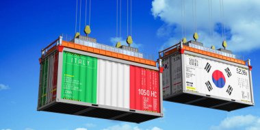 İtalya ve Güney Kore bayraklı nakliye konteynerleri - 3 boyutlu illüstrasyon