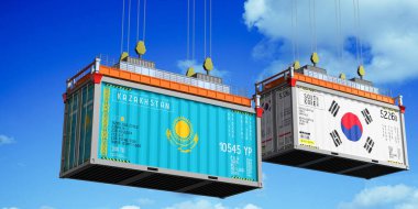 İçinde Kazakistan ve Güney Kore bayrakları olan konteynırlar - 3 boyutlu illüstrasyon