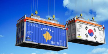 Kosova ve Güney Kore bayraklı konteynerler - 3D illüstrasyon