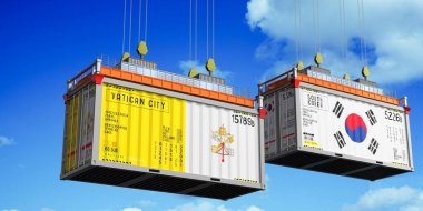 Vatikan ve Güney Kore 'nin bayraklı konteynerleri - 3 boyutlu illüstrasyon