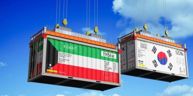 İçinde Kuveyt ve Güney Kore bayrakları olan konteynırlar - 3 boyutlu illüstrasyon