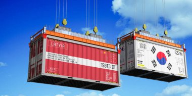 Letonya ve Güney Kore bayraklı nakliye konteynerleri - 3 boyutlu illüstrasyon