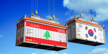 Lübnan ve Güney Kore bayraklı konteynırlar - 3 boyutlu illüstrasyon