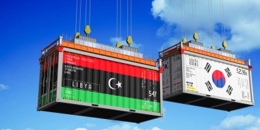İçinde Libya ve Güney Kore bayrakları olan konteynırlar - 3D illüstrasyon
