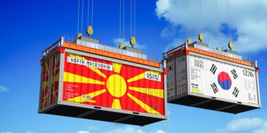 Kuzey Makedonya ve Güney Kore bayraklı nakliye konteynerleri - 3D illüstrasyon