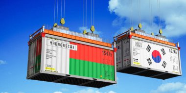 Madagaskar ve Güney Kore bayraklı konteynırlar - 3 boyutlu illüstrasyon