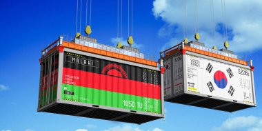 Malawi ve Güney Kore bayraklı konteynırlar - 3 boyutlu illüstrasyon