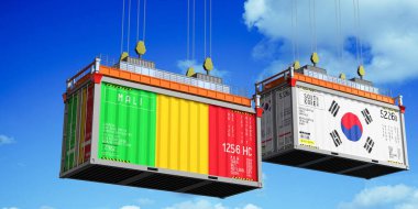 Mali ve Güney Kore bayraklı konteynırlar - 3 boyutlu illüstrasyon