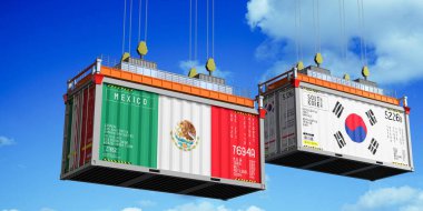 Meksika ve Güney Kore bayraklı konteynırlar - 3 boyutlu illüstrasyon