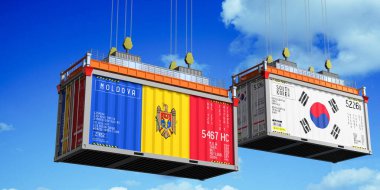 Moldova ve Güney Kore bayraklı konteynırlar - 3D illüstrasyon