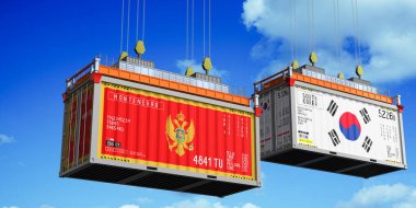 Karadağ ve Güney Kore bayraklı nakliye konteynerleri - 3 boyutlu illüstrasyon