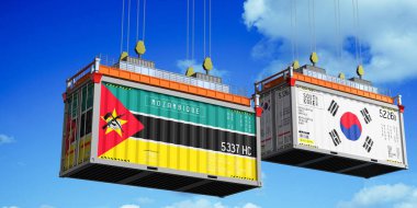 Mozambik ve Güney Kore bayraklı nakliye konteynerleri - 3 boyutlu illüstrasyon