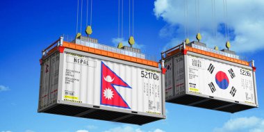 Nepal ve Güney Kore bayraklı konteynırlar - 3 boyutlu illüstrasyon