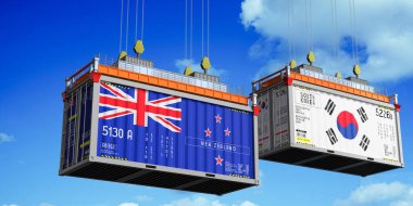 Yeni Zelanda ve Güney Kore bayraklı konteynırlar - 3 boyutlu illüstrasyon