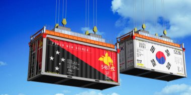 İçinde Papua Yeni Gine ve Güney Kore bayrakları olan konteynırlar - 3 boyutlu illüstrasyon