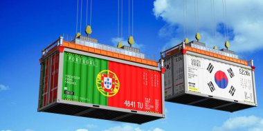 Portekiz ve Güney Kore bayraklı konteynırlar - 3 boyutlu illüstrasyon