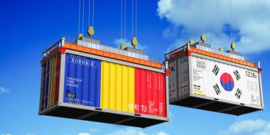 Romanya ve Güney Kore bayraklı nakliye konteynerleri - 3 boyutlu illüstrasyon
