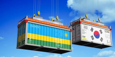 İçinde Rwanda ve Güney Kore bayrakları olan konteynırlar - 3 boyutlu illüstrasyon