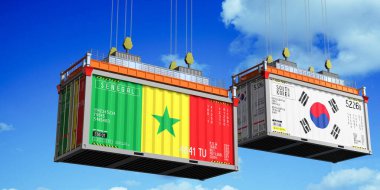 Senegal ve Güney Kore bayraklı konteynırlar - 3 boyutlu illüstrasyon