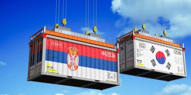 Sırbistan ve Güney Kore bayraklı konteynerler - 3D illüstrasyon