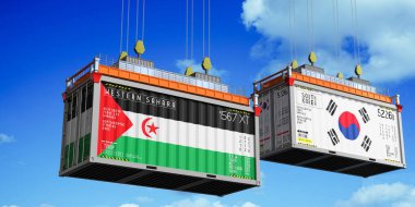 Batı Sahra ve Güney Kore bayraklı konteynırlar - 3 boyutlu illüstrasyon