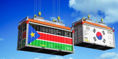 Güney Sudan ve Güney Kore bayraklı konteynırlar - 3 boyutlu illüstrasyon