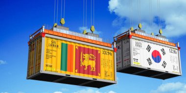 Sri Lanka ve Güney Kore bayraklı nakliye konteynerleri - 3 boyutlu illüstrasyon