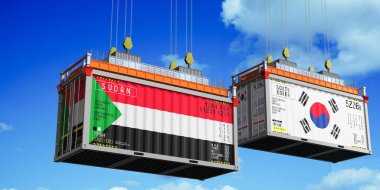 Sudan ve Güney Kore bayraklı konteynırlar - 3D illüstrasyon