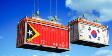 Doğu Timor ve Güney Kore bayraklı konteynırlar - 3 boyutlu illüstrasyon