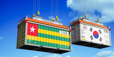 İçinde Togo ve Güney Kore bayrakları olan konteynırlar - 3 boyutlu illüstrasyon