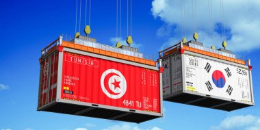 Tunus ve Güney Kore bayraklı nakliye konteynerleri - 3 boyutlu illüstrasyon