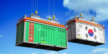 İçinde Türkmenistan ve Güney Kore bayrakları olan konteynerler - 3 boyutlu illüstrasyon