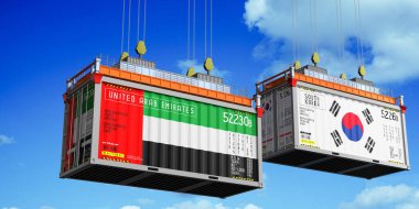 Birleşik Arap Emirlikleri ve Güney Kore bayraklı konteynırlar - 3 boyutlu illüstrasyon