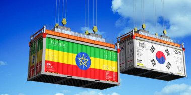 Etiyopya ve Güney Kore bayraklı konteynırlar - 3 boyutlu illüstrasyon