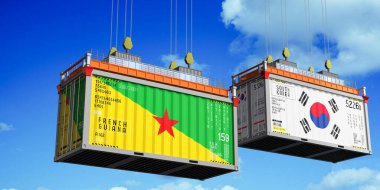 Fransız Guyanası ve Güney Kore bayraklı nakliye konteynerleri - 3 boyutlu illüstrasyon