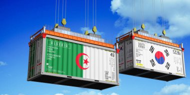 Cezayir ve Güney Kore bayraklı konteynırlar - 3 boyutlu illüstrasyon