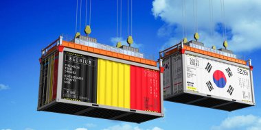 Belçika ve Güney Kore bayraklı nakliye konteynerleri - 3 boyutlu illüstrasyon