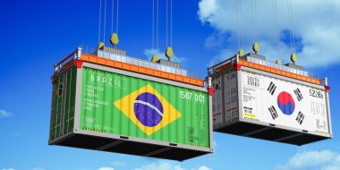 Brezilya ve Güney Kore bayraklı nakliye konteynerleri - 3 boyutlu illüstrasyon