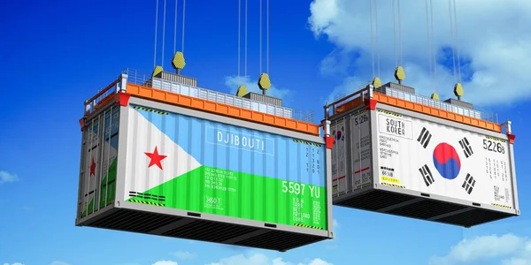 Cibuti ve Güney Kore bayraklı konteynırlar - 3D illüstrasyon