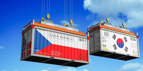 Çek Cumhuriyeti ve Güney Kore bayraklı nakliye konteynerleri - 3 boyutlu illüstrasyon