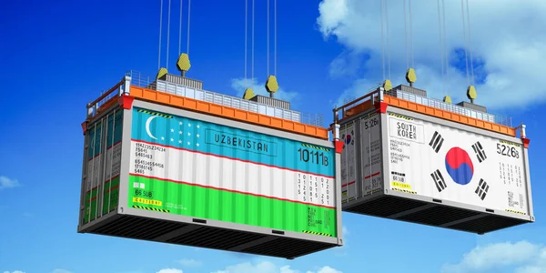 Shipping Containers Flags Uzbekistan South Korea Illustration — Stock Photo, Image