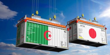 Cezayir ve Japonya bayraklı nakliye konteynerleri - 3 boyutlu illüstrasyon