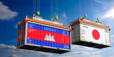 Kamboçya ve Japonya bayraklı konteynırlar - 3 boyutlu illüstrasyon