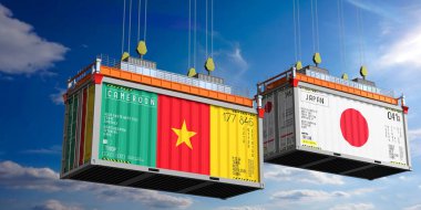 İçinde Kamerun ve Japonya bayrakları olan konteynırlar - 3 boyutlu illüstrasyon